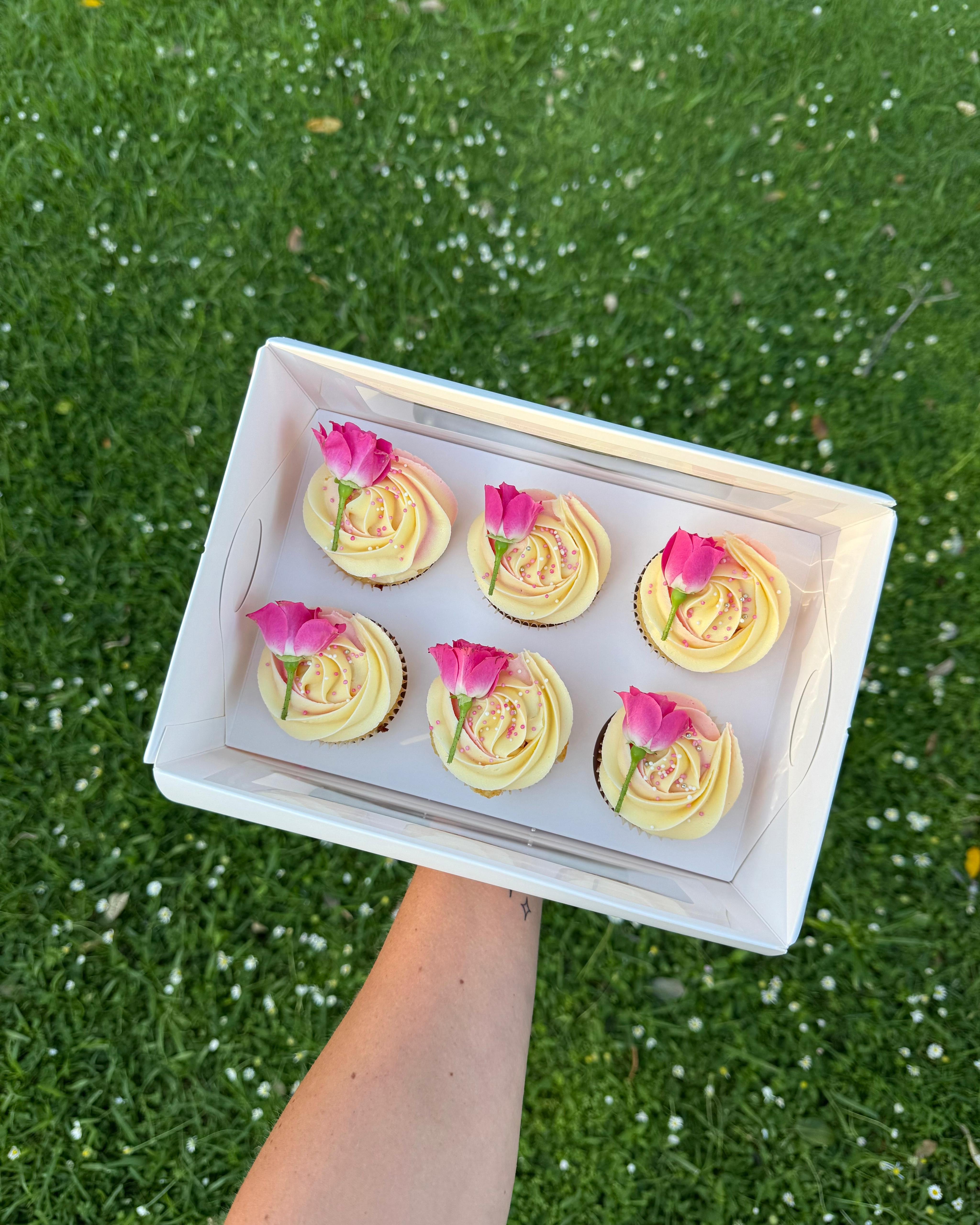 Bespoke rosette bloom cupcakes with fresh rose Auckland